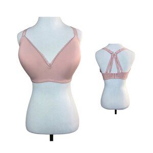 Aerie Bra 38DD Real Happy Wireless Lightly Lined‎ Pink Lace Trim Strappy Back